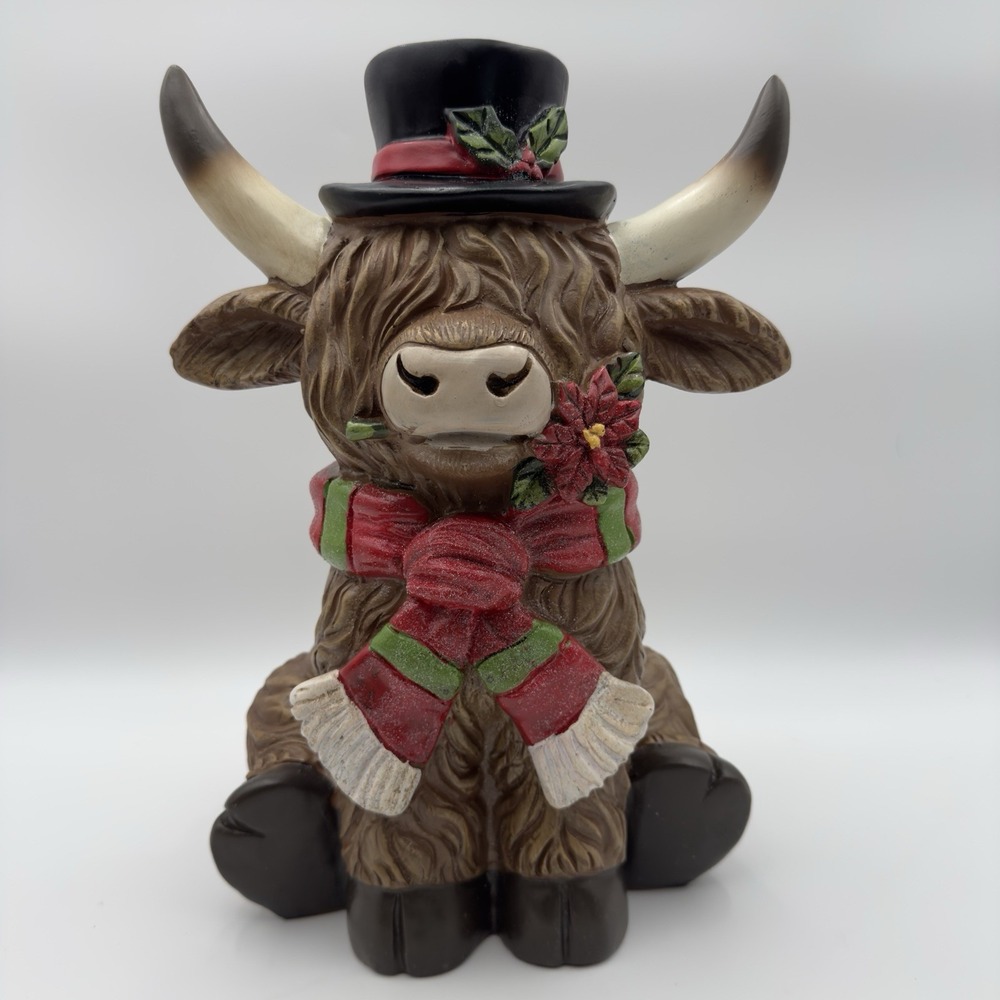 Hobby Lobby Christmas Highland Cow Top Hat Figurine 13.75" Holiday Decor NEW